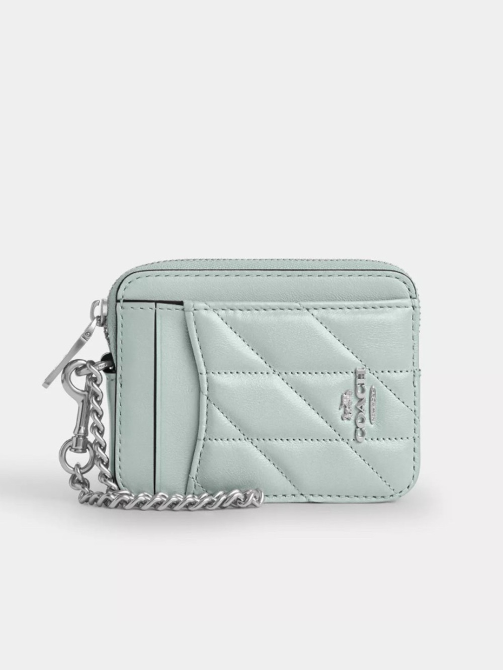 Coach Zip Card Case - Pearlized Leather Silver/Green